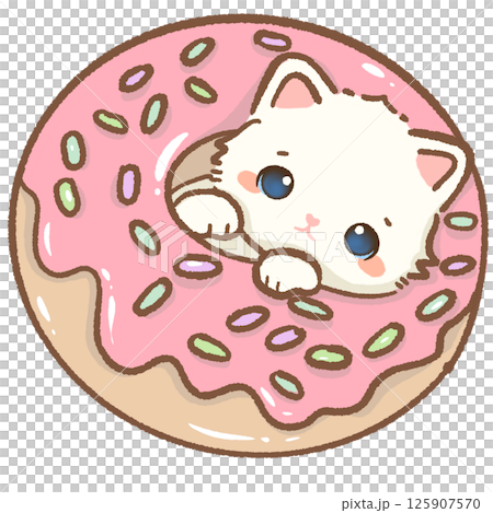 kawaii white cat poking its head out of a pink strawberry giant donut Hand drawn illustration pink summer pastel color isolated on transparent background, nursery decorations, summer 125907570