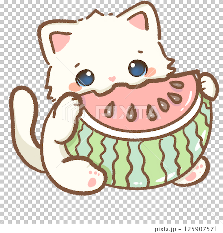 kawaii white cat eating a slice watermelon Hand drawn illustration pink summer pastel color isolated on transparent background, nursery decorations, summer kawaii white cat eating a slice watermelon Hand drawn illustration pink summer pastel color isolated on transparent background, nursery decorations, summer 125907571