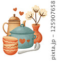 Kitchen Still Life with Pot, Teapot, Bowls and Cotton Flowers 125907658
