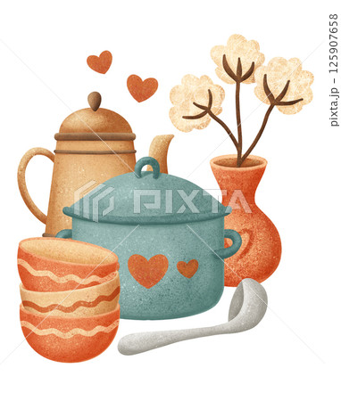 Kitchen Still Life with Pot, Teapot, Bowls and Cotton Flowers 125907658