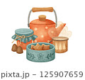 Tea time with cup, pot and jar. Teapot, mug and homemade jam and cookies 125907659