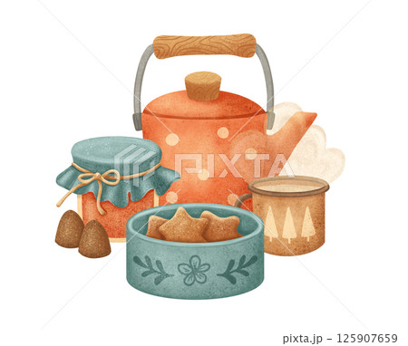 Tea time with cup, pot and jar. Teapot, mug and homemade jam and cookies 125907659