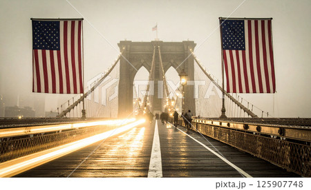 Brooklyn Bridge surrounded with American flags. Generated Image 125907748