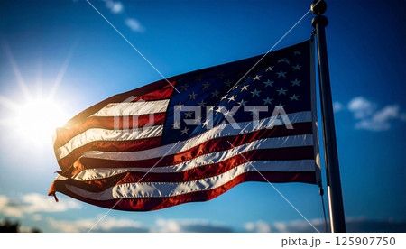 American flag blowing in the wind at sunset.Generated Image American flag blowing in the wind at sunset.Generated Image 125907750