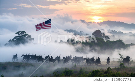 soldiers marching with American flag, silhouetted against an orange sky. Generated Image soldiers marching with American flag, silhouetted against an orange sky. Generated Image 125907778