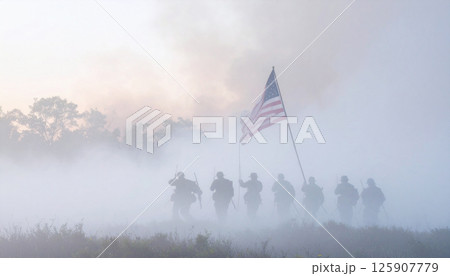 soldiers marching with American flag, silhouetted against an orange sky. Generated Image soldiers marching with American flag, silhouetted against an orange sky. Generated Image 125907779