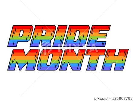Rainbow phrase of celebrate Pride LGBT in retro cartoon style. Groovy vector design, doodle, flat text symbol of love and friendship, pride June month celebrate, support, freedom, equal, gay, lesbian. 125907795