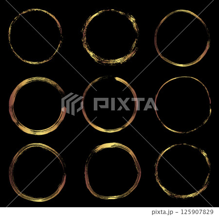Hand drawn golden vector frames, set with gold doodle border circles 125907829