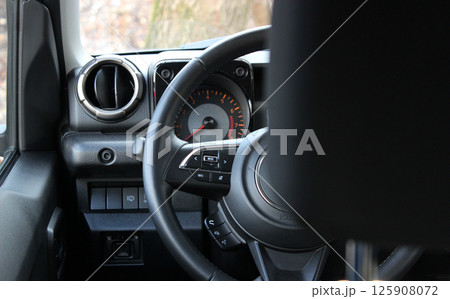 View From Behind The Headrest On A Dashboard And Steering Wheel In Off Road Car  125908072