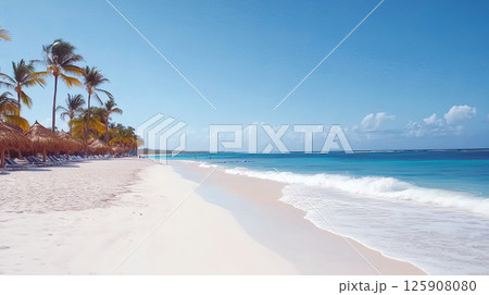 Long sandy beach with palm trees by the sea sunny clear day Long sandy beach with palm trees by the sea sunny clear day 125908080