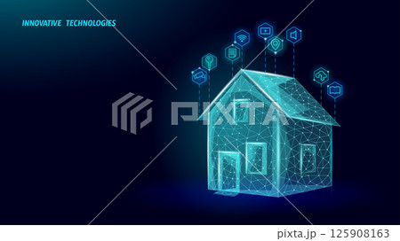 Digital house illustration with floating icons. Features interconnected network structure, windows, and door. Real estate smart home systems. Low poly art style with dark blue gradient background Digital house illustration with floating icons. Features interconnected network structure, windows, and door. Real estate smart home systems. Low poly art style with dark blue gradient background 125908163