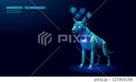 Robotic dog stands futuristic. Glowing blue lights shine bright. Technology pet security AI robotics concept. Low poly art geometric design dark blue background 125908166