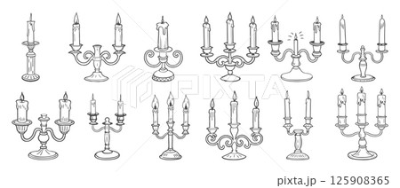 Collection of hand drawn vintage candelabra with lit candles. Sketch illustration. Collection of hand drawn vintage candelabra with lit candles. Sketch illustration. 125908365