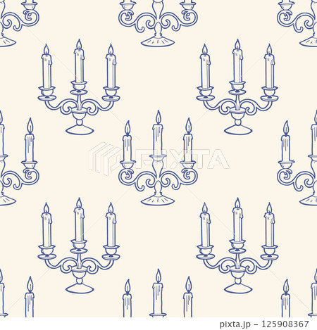 Seamless pattern with hand drawn vintage candelabra with lit candles. Sketch illustration. 125908367
