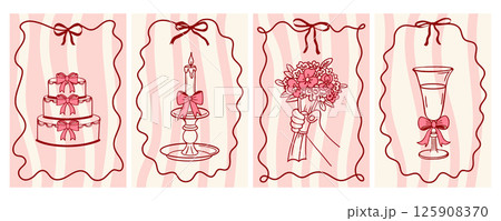 Vintage wedding ceremony illustrations. Hand drawn fancy greeting cards with bouquet of flowers, champagne, wedding cake. Sketch in doodle style. 125908370