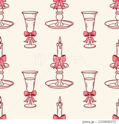 Seamless pattern with wine glasses, candles and ribbons. Elegant champagne glasses and candlesticks with bows. Festive background. Seamless pattern with wine glasses, candles and ribbons. Elegant champagne glasses and candlesticks with bows. Festive background. 125908372