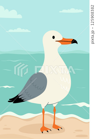 Seabird calm Seagull stands standing on sand near sea water. Seascape with turquoise water and sky with clouds. Vector illustration. Vertical poster background with marine nature and cute bird 125908382