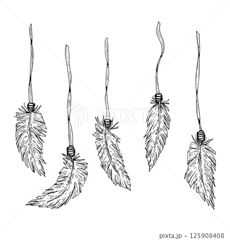 Set of five hand drawn vector feathers hanging on strings, monochrome ink illustration in boho and tribal style. Perfect for dreamcatcher design, esoteric art, DIY crafts or tattoo sketches. 125908408