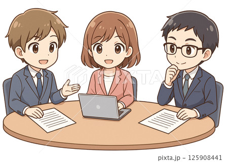 ビジネス会議のイラスト（チームミーティング・アニメ風デザイン） 125908441