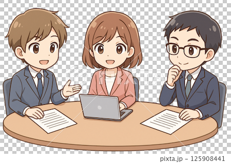 ビジネス会議のイラスト（チームミーティング・アニメ風デザイン） 125908441