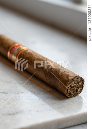 Close-up of a premium hand-rolled luxury cigar with rich tobacco leaves 125908884