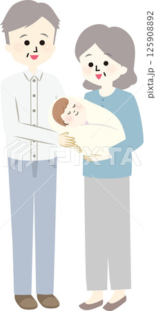 赤ちゃんを抱っこして微笑む高齢夫婦 125908892