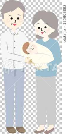 赤ちゃんを抱っこして微笑む高齢夫婦 125908892