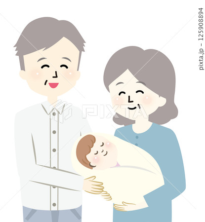 眠る赤ちゃんを抱っこするおばあちゃんとおじいちゃん 125908894