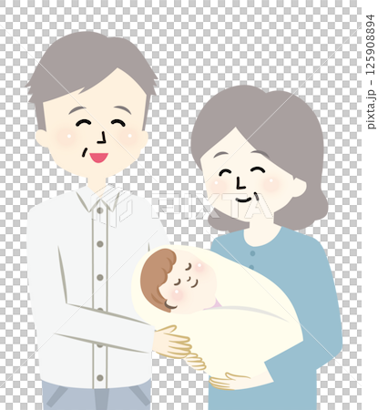 眠る赤ちゃんを抱っこするおばあちゃんとおじいちゃん 125908894
