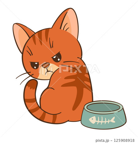 Angry orange tabby cat sits by an empty bowl. Kitten looks over his shoulder. Flat style Chibi cat 125908918