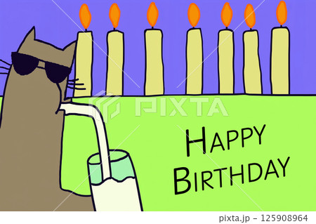 Cool cat wearing sunglasses drinking milk with birthday candles and happy birthday text 125908964