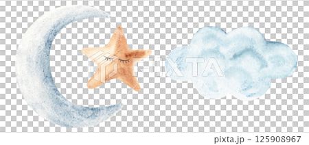 Set of Crescent blue Moon with and cute sleeping Star and Cloud. Hand drawn Watercolor illustration isolated on a white background. Baby design elements. For kids goods, prints, cards or invitations. Set of Crescent blue Moon with and cute sleeping Star and Cloud. Hand drawn Watercolor illustration isolated on a white background. Baby design elements. For kids goods, prints, cards or invitations. 125908967