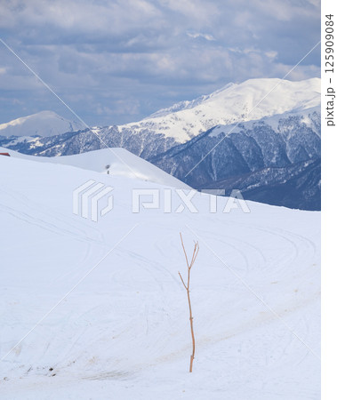 Snowcapped peaks of Caucasus mountains along the Georgian Military Road, major route from Georgia to Russia 125909084