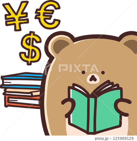 お金の勉強をするため本を読むかわいいクマ 125909129