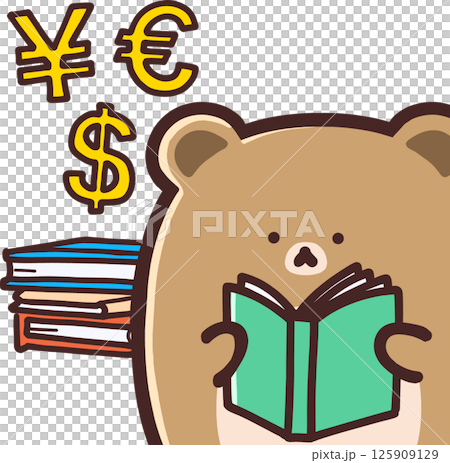 A cute bear reading a book to learn about money 125909129