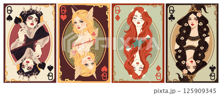 Queen of Spades, Queen of Hearts, Queen of Clubs and Queen of Diamonds. Playing cards vector set. Art nouveau style 125909345
