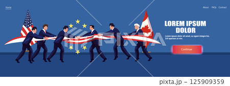 Trade war USA Canada European Union tariffs conflict businessmen tug of war with national flags stars blue background website banner 125909359