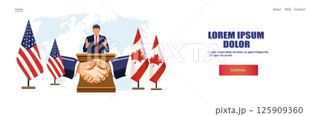 Trade war United States Canada handshake agreement negotiation businessman podium national flags world map website banner 125909360