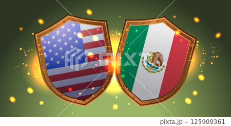 Trade war USA Mexico tariffs war shields clash glowing sparks confrontation green background abstract concept banner 125909361