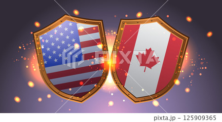 USA Canada trade war shields confrontation sparks glowing clash concept dark background 125909365