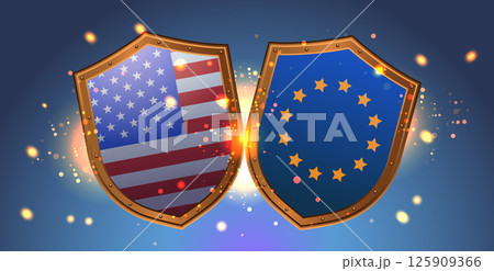 USA EU trade war tariffs war shields clash sparks confrontation blue background glowing effects USA EU trade war tariffs war shields clash sparks confrontation blue background glowing effects 125909366