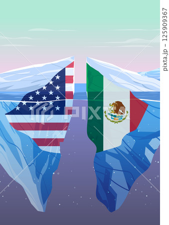 USA Mexico trade war tariffs war iceberg split conflict national flags frozen ocean confrontation economic dispute concept banner 125909367