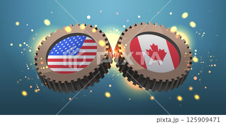 USA Canada trade war tariffs war concept gears with national flags clashing sparks blue background abstract conflict banner 125909471