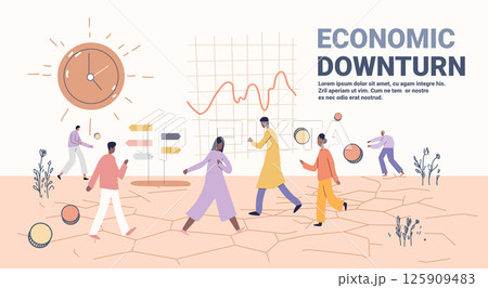 Economic downturn trade war tariffs crisis people walking cracked ground falling graph clock abstract landscape modern flat website banner 125909483