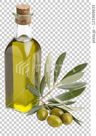 Glass olive oil bottle with fresh olives and olive branch, natural mediterranean extra virgin oil product 125909835