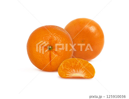 Two tangerines with a slice isolated on white background. Mandarin fruit. Two tangerines with a slice isolated on white background. Mandarin fruit. 125910036