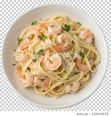 Delicious pasta with shrimps and cream sauce on a white plate view from the top isolated on the transparent background 125910079