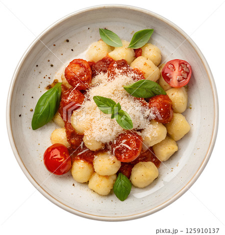 Gnocchi with tomato sauce basil and parmesan cheese view from the top isolated 125910137