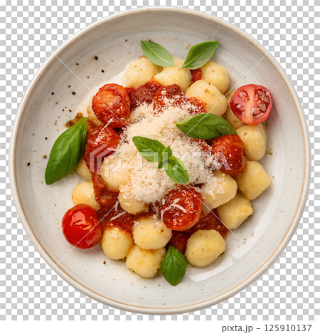 Gnocchi with tomato sauce basil and parmesan cheese view from the top isolated 125910137
