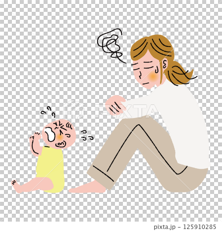 A mother tired of raising her child and her crying baby 125910285